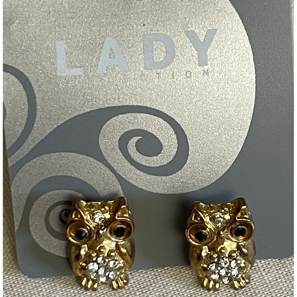 Lady Collection Owl Post Earrings New With Tags Gold Tone Rhinestone